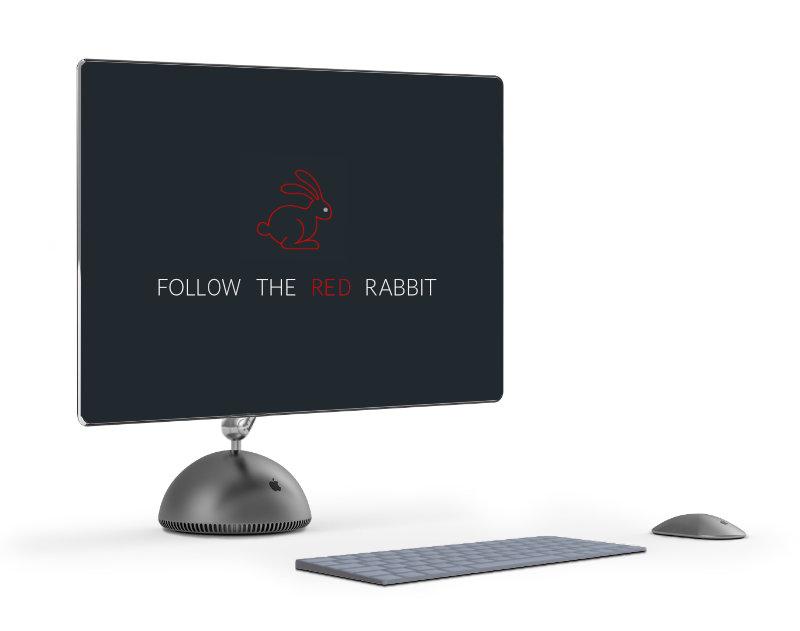 An abstract concept of Apple computer hardware design. The wording on the screen says "Follow the red rabbit"